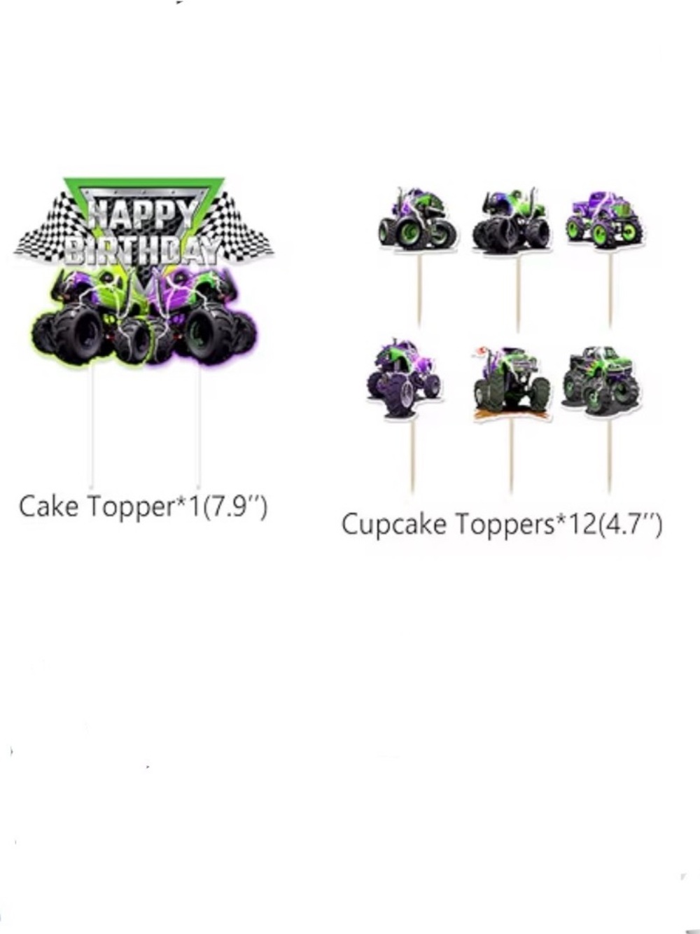 Happy Birthday Monster Truck Cake & Cupcake Topper Set - Green & Purple